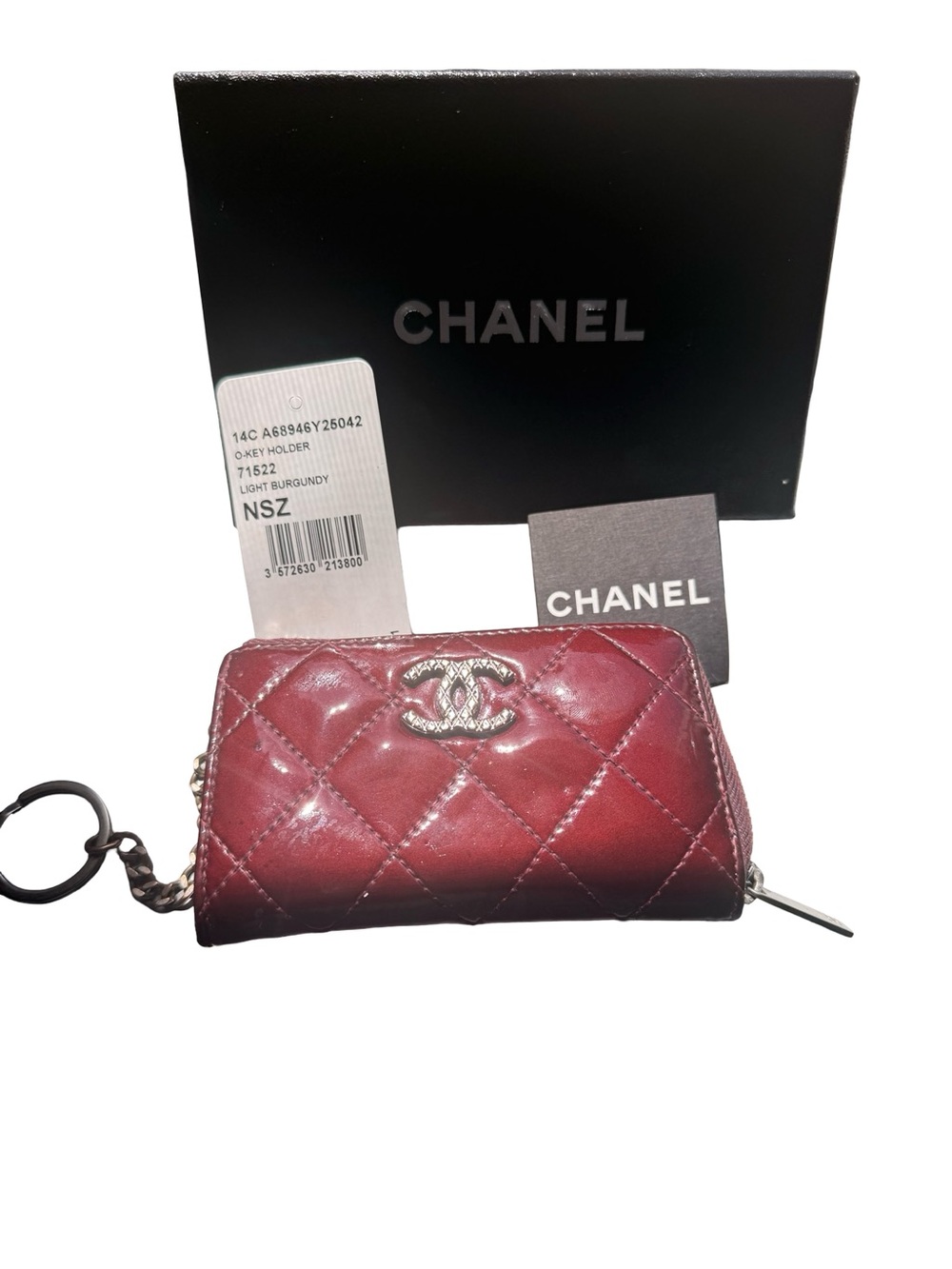 CHANEL O-Key Holder Coin Purse Bordeaux Patent Quilted CC Zip